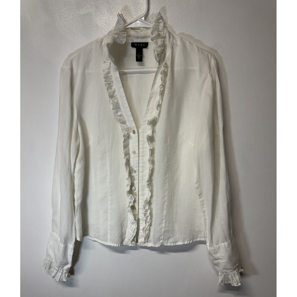 MIST Womens  Shirt V Neck Long Sleeve Blouse White Top Buttons Linen Sz L
